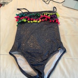 PILYQ “jean” one piece with rainbow pom poms